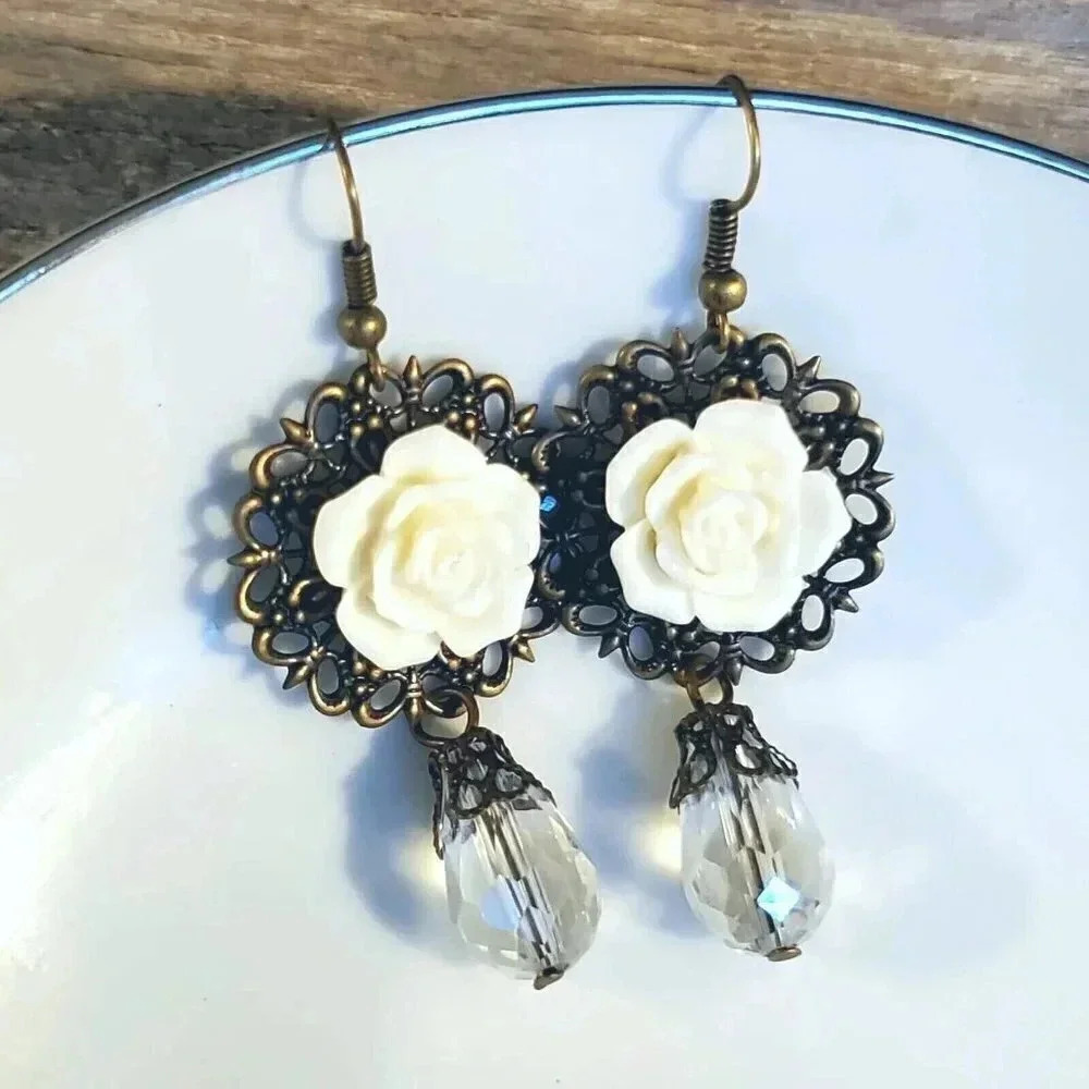Bronze Filigree White Rose Cabochon Teardrop Cut Crystal Earrings